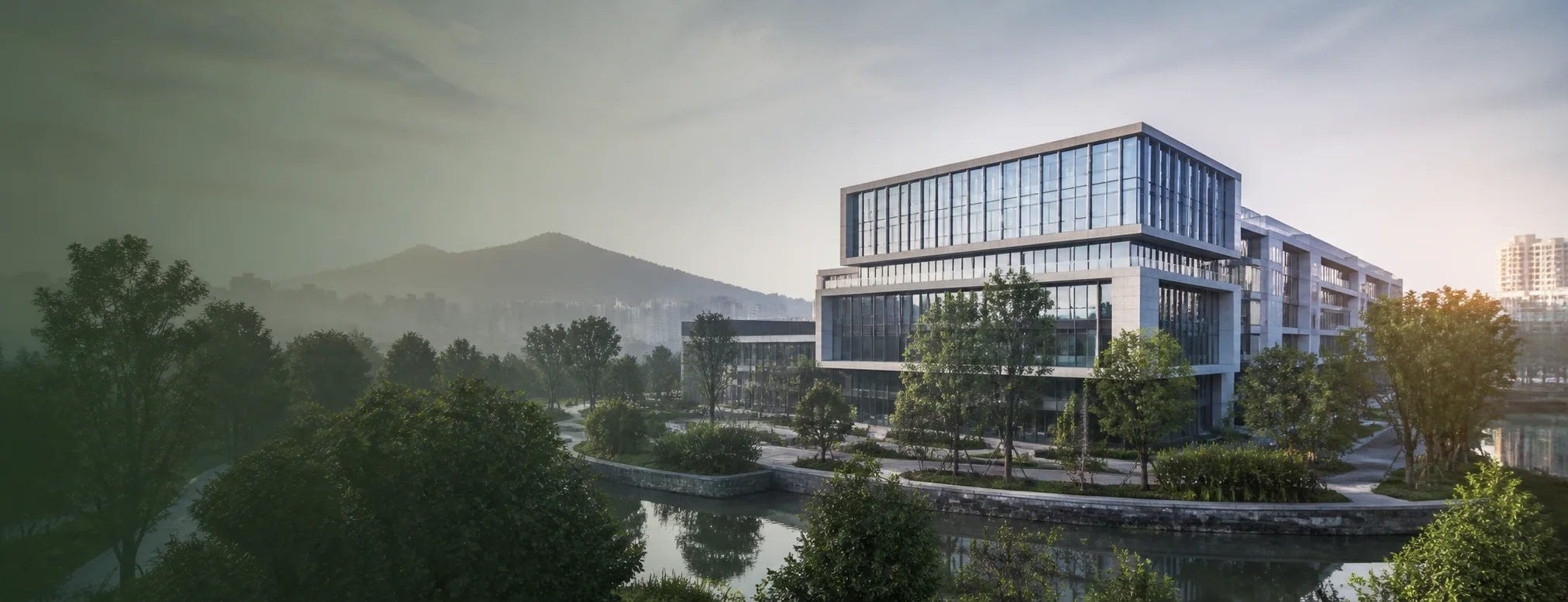 现代环保科技办公建筑与生态景观示意图